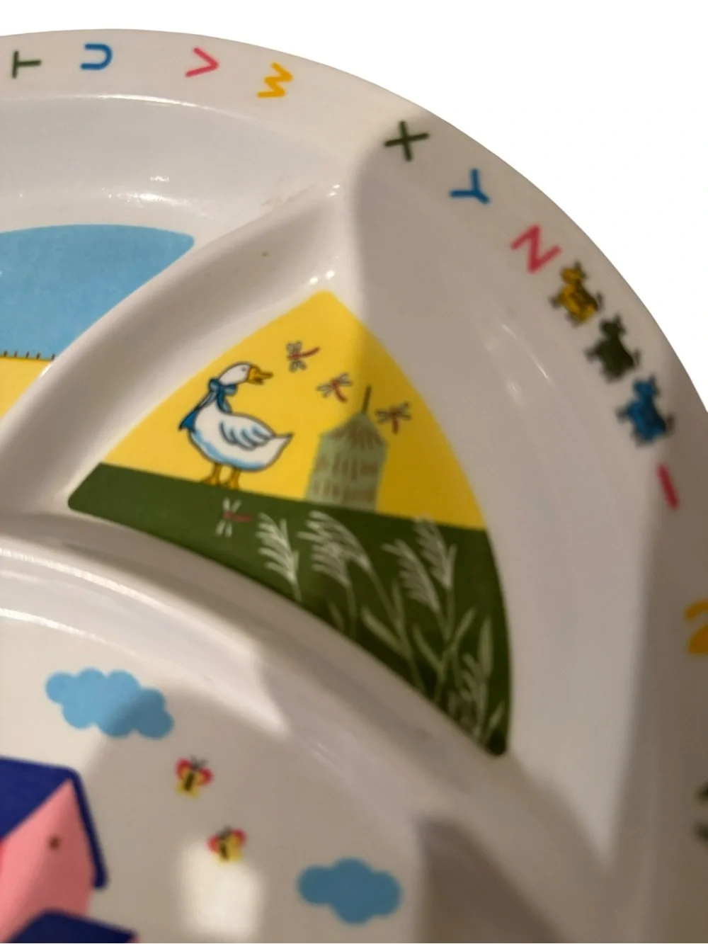 Vintage Kids Goose and Farm Animals Alphabet Rim Divided Melamine Plate‎